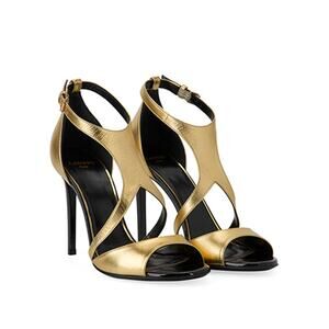 Lanvin Metallic Leather Slip On Ankle Strappy Heels Gold/Black Womens Size EU 37